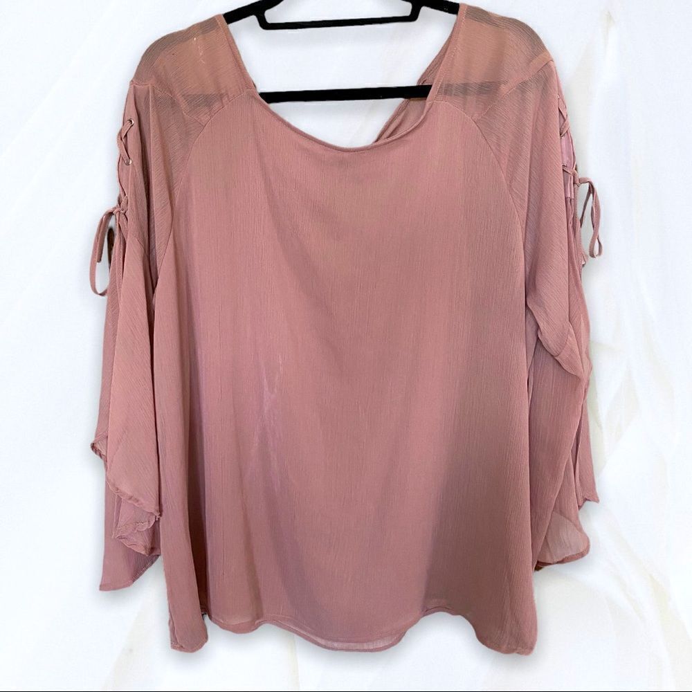 Miss Lili (1X) Mauve Lace Up Bell Sleeve Blouse